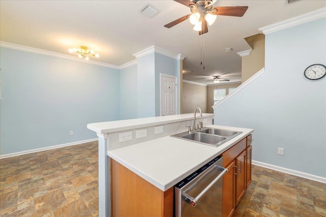 kitchen with dishwasher, sink, and a kitchen island with sink