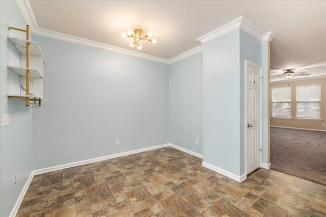 carpeted empty room with a textured ceiling, crown molding, and ceiling fan with notable chandelier