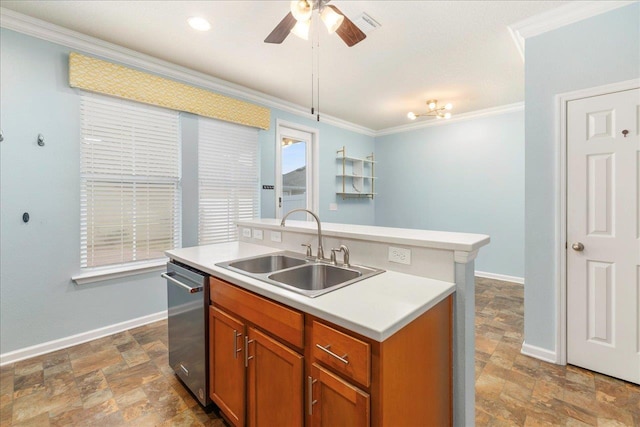 kitchen featuring stainless steel dishwasher, ceiling fan, a kitchen island with sink, crown molding, and sink