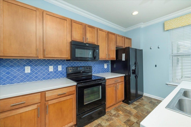 kitchen with tasteful backsplash, crown molding, sink, and black appliances