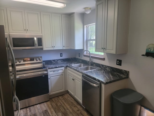 kitchen featuring white cabinets, stainless steel appliances, sink, and dark hardwood / wood-style floors