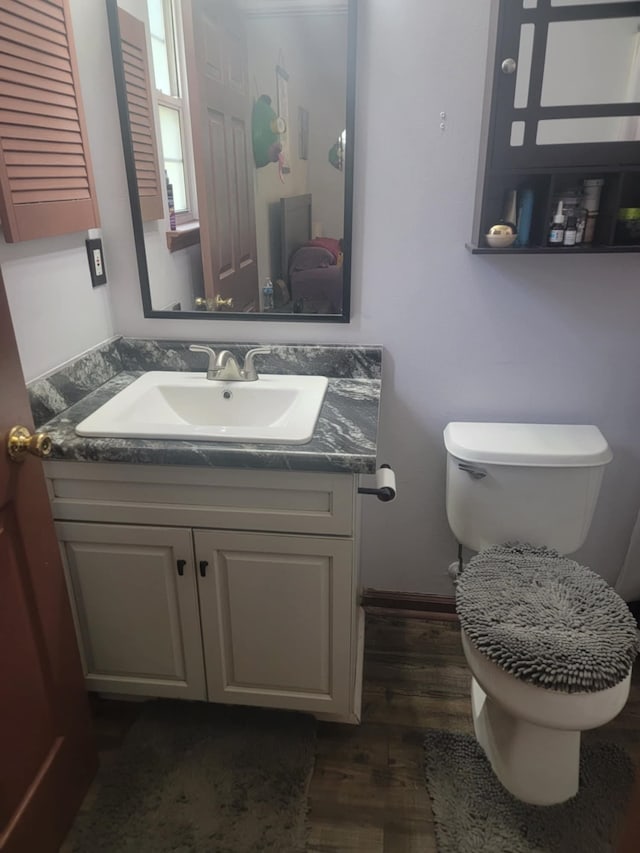 bathroom featuring hardwood / wood-style floors, vanity, and toilet