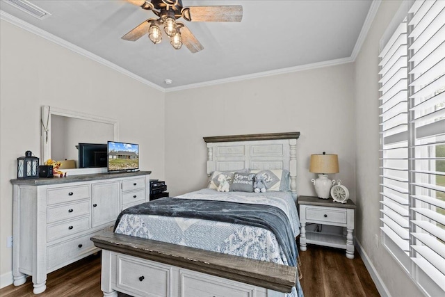 bedroom featuring ceiling fan, dark hardwood / wood-style floors, and ornamental molding