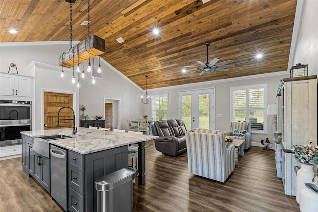 kitchen featuring gray cabinetry, sink, pendant lighting, a center island with sink, and wood ceiling