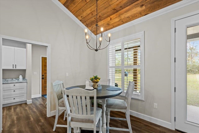 dining space featuring wooden ceiling, an inviting chandelier, dark hardwood / wood-style flooring, crown molding, and lofted ceiling