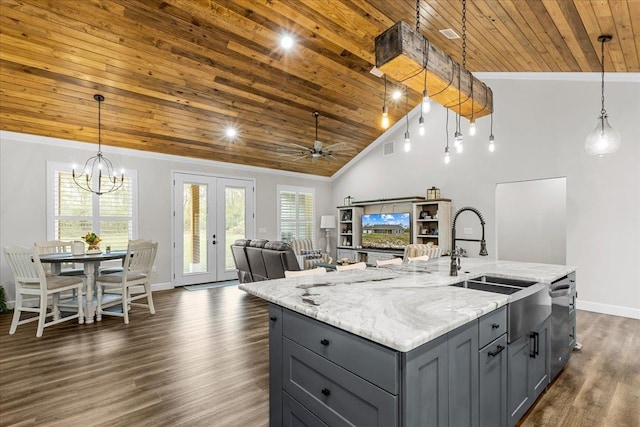 kitchen featuring wooden ceiling, dark wood-type flooring, sink, gray cabinets, and decorative light fixtures