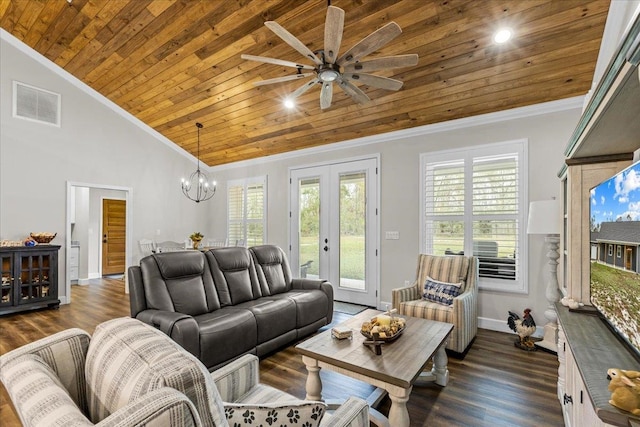 living room with dark hardwood / wood-style flooring, a wealth of natural light, and wooden ceiling