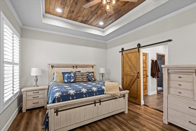 bedroom featuring a raised ceiling, multiple windows, dark wood-type flooring, and ceiling fan