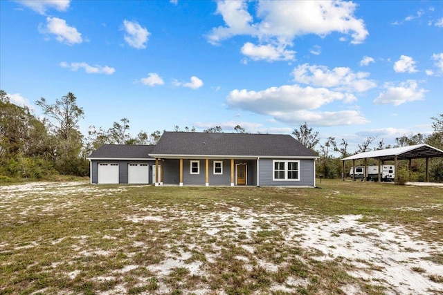 ranch-style house with a carport, covered porch, and a front yard