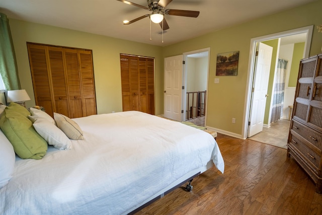6611 Crooked Creek Rd, Tallahassee, FL 32311 - bedroom with hardwood / wood-style floors, two closets, ensuite bathroom, and ceiling fan