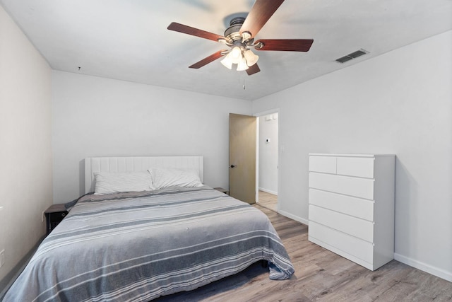 bedroom with light hardwood / wood-style floors and ceiling fan