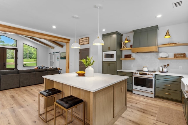 kitchen with built in microwave, tasteful backsplash, white electric range, light hardwood / wood-style flooring, and pendant lighting