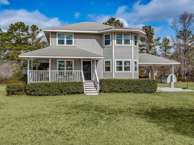 view of front of home with a porch, a carport, and a front yard