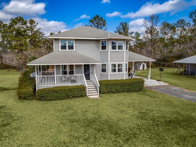 country-style home featuring a porch and a front lawn