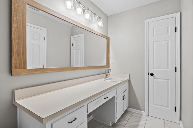 bathroom with baseboards, visible vents, vanity, and marble finish floor