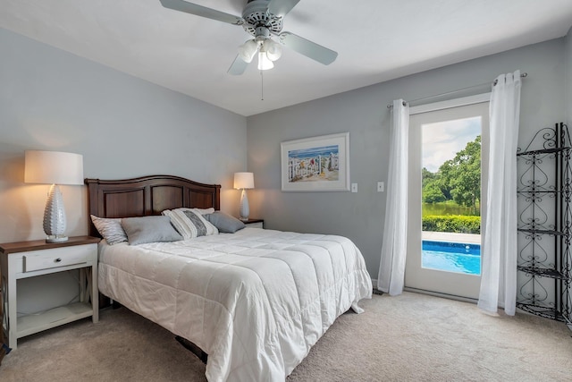 6509 Alan A Dale Trl, Tallahassee, FL 32309 - bedroom with light carpet, access to exterior, and a ceiling fan