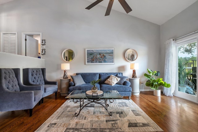6509 Alan A Dale Trl, Tallahassee, FL 32309 - living room with high vaulted ceiling, wood finished floors, and ceiling fan