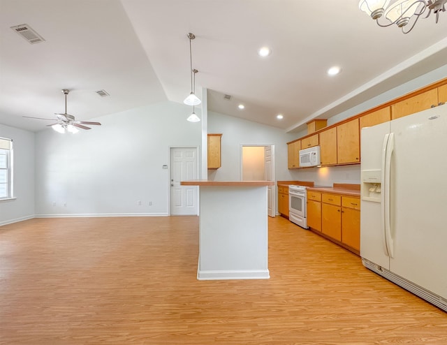kitchen with a ceiling fan, visible vents, vaulted ceiling, light wood-type flooring, and white appliances