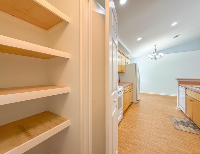 kitchen with open shelves, white appliances, recessed lighting, light wood-type flooring, and vaulted ceiling