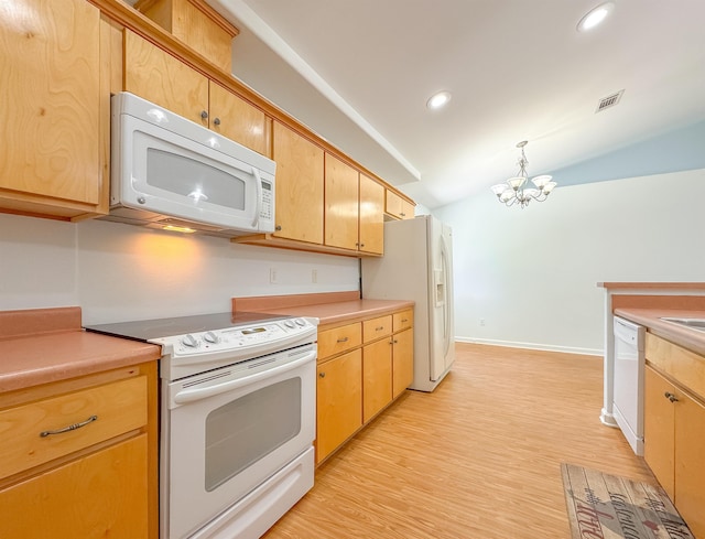 kitchen featuring an inviting chandelier, visible vents, white appliances, light wood-type flooring, and light countertops