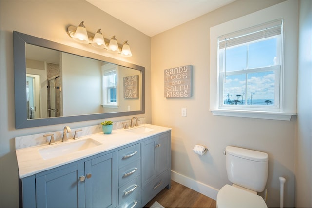 bathroom featuring hardwood / wood-style flooring, vanity, toilet, and a shower with shower door