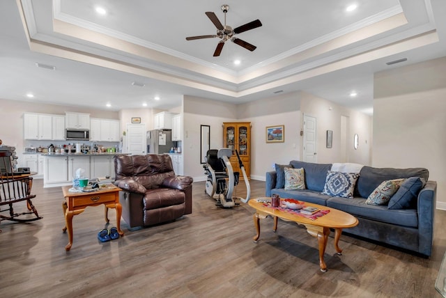 living room featuring wood-type flooring and a tray ceiling