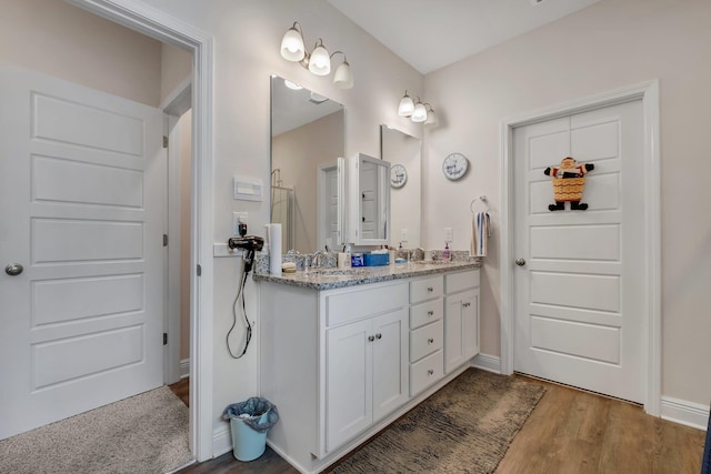 bathroom with vanity and wood-type flooring