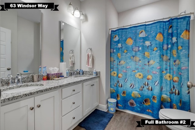 bathroom featuring a shower with shower curtain, vanity, toilet, and wood-type flooring