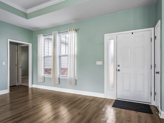 foyer entrance featuring dark hardwood / wood-style flooring, a tray ceiling, and ornamental molding