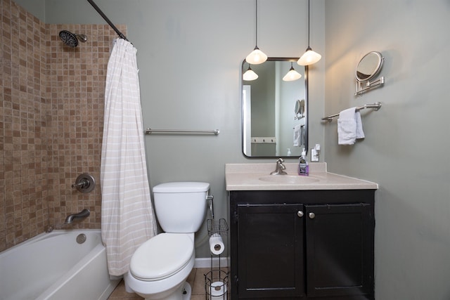 full bathroom with vanity, shower / bathtub combination with curtain, and toilet