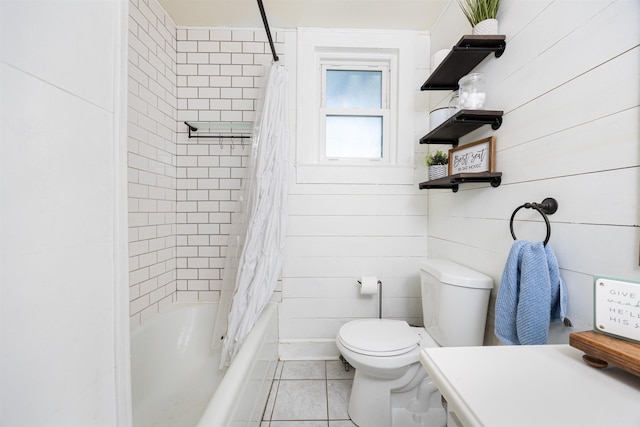 full bathroom featuring tile patterned flooring, vanity, shower / tub combo, and toilet