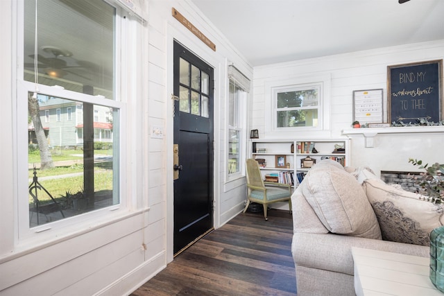 entryway featuring dark wood-type flooring and ornamental molding