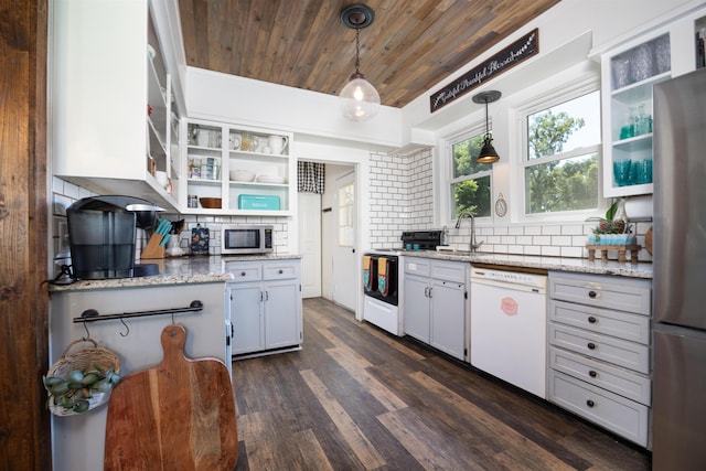 kitchen with decorative light fixtures, tasteful backsplash, white cabinetry, stainless steel appliances, and wooden ceiling