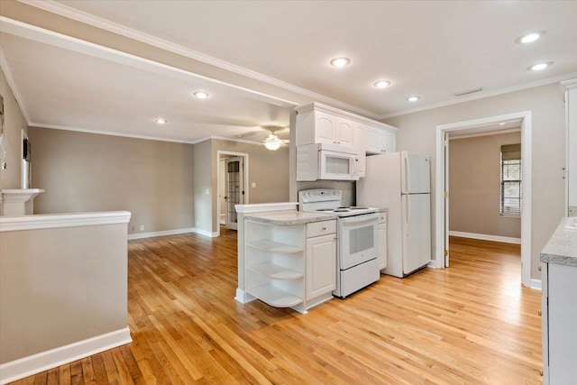 kitchen with white appliances, light hardwood / wood-style flooring, ceiling fan, white cabinetry, and ornamental molding