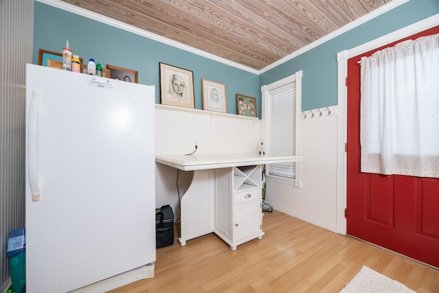 interior space with wooden ceiling, light wood-type flooring, and crown molding