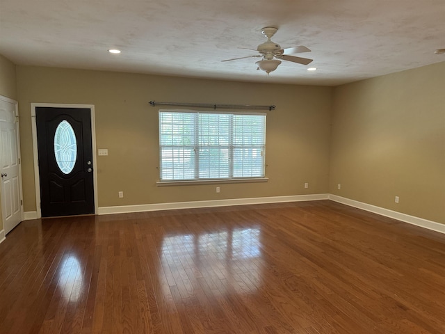 entryway featuring recessed lighting, baseboards, ceiling fan, and dark wood finished floors