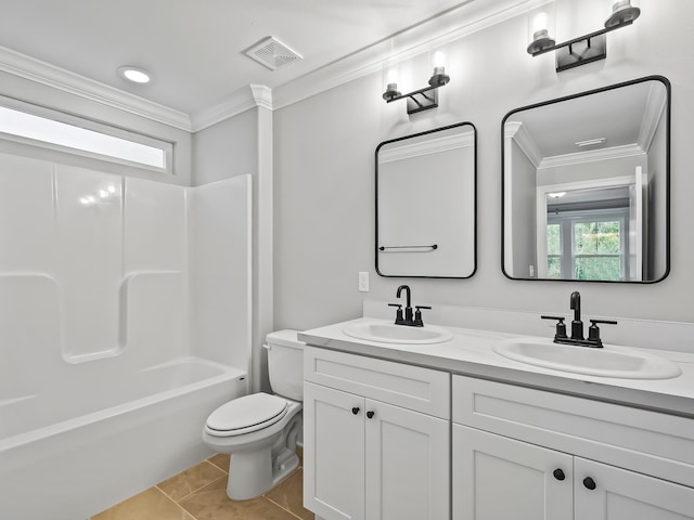 full bathroom featuring tile patterned floors, shower / washtub combination, toilet, and ornamental molding