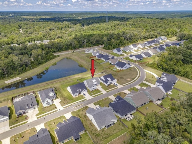 drone / aerial view featuring a water view