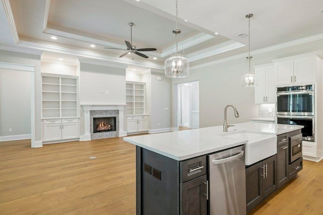 8451 Hickory Branch Trl, Tallahassee, FL 32312 - kitchen featuring stainless steel appliances, a tray ceiling, a ceiling fan, ornamental molding, and light wood-style floors
