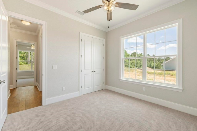 8451 Hickory Branch Trl, Tallahassee, FL 32312 - unfurnished bedroom featuring ornamental molding, multiple windows, a closet, and carpet flooring
