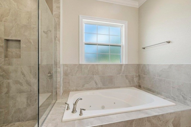 8451 Hickory Branch Trl, Tallahassee, FL 32312 - bathroom featuring a walk in shower, a jetted tub, and crown molding