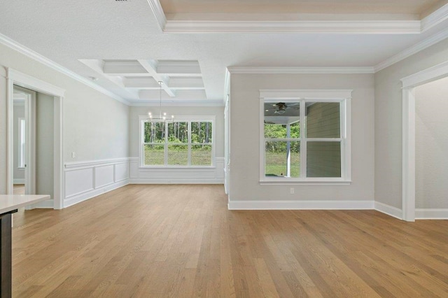 8451 Hickory Branch Trl, Tallahassee, FL 32312 - spare room with coffered ceiling, crown molding, light wood-style flooring, a chandelier, and beam ceiling