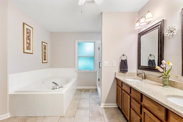 3540 Trillium Ct, Tallahassee, FL 32312 - bathroom featuring a garden tub, double vanity, a stall shower, tile patterned floors, and ceiling fan