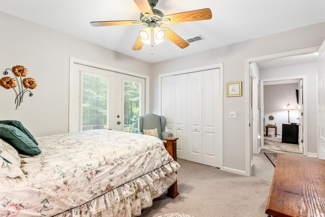 3540 Trillium Ct, Tallahassee, FL 32312 - bedroom with french doors, light colored carpet, access to exterior, a closet, and ceiling fan