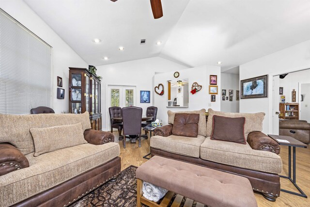 23380 Elmwood Ln, Live Oak, FL 32064 - living area with ceiling fan, light wood-style flooring, lofted ceiling, french doors, and recessed lighting