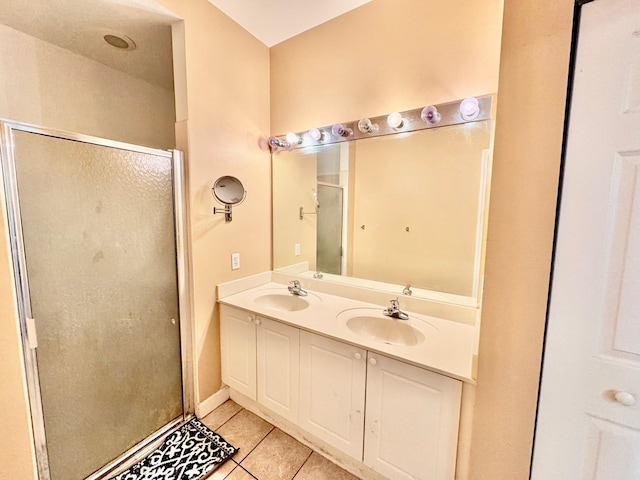 bathroom featuring tile patterned floors, vanity, and walk in shower