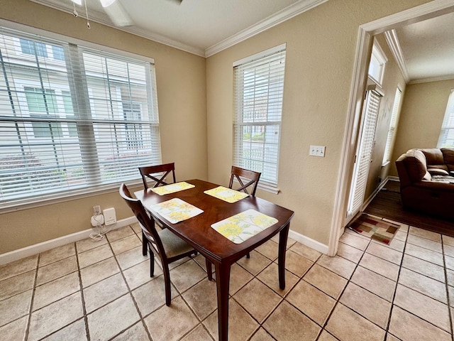 dining area featuring a wealth of natural light, crown molding, and ceiling fan