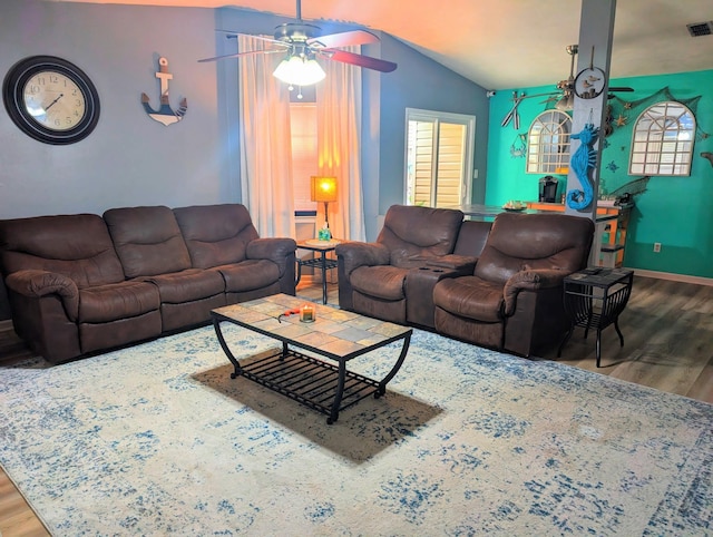 3137 Huttersfield Cir, Tallahassee, FL 32303 - living room featuring ceiling fan, wood finished floors, and vaulted ceiling