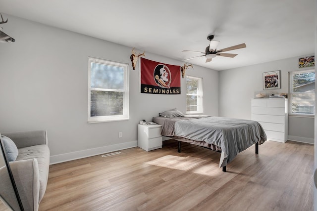 bedroom with light wood finished floors, a ceiling fan, visible vents, and baseboards