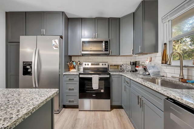 kitchen with stainless steel appliances, gray cabinets, a sink, and decorative backsplash